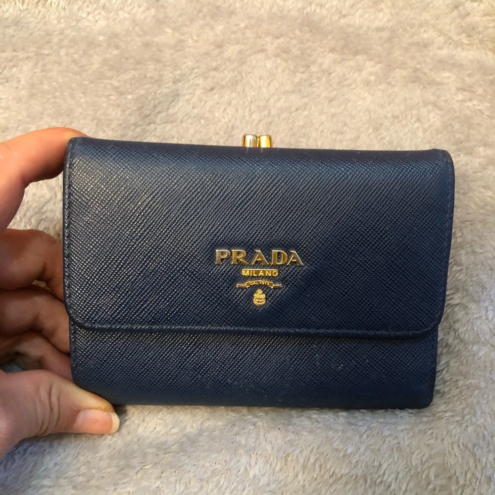 Prada Seffiano Blue Leather bifold Wallet Purse.